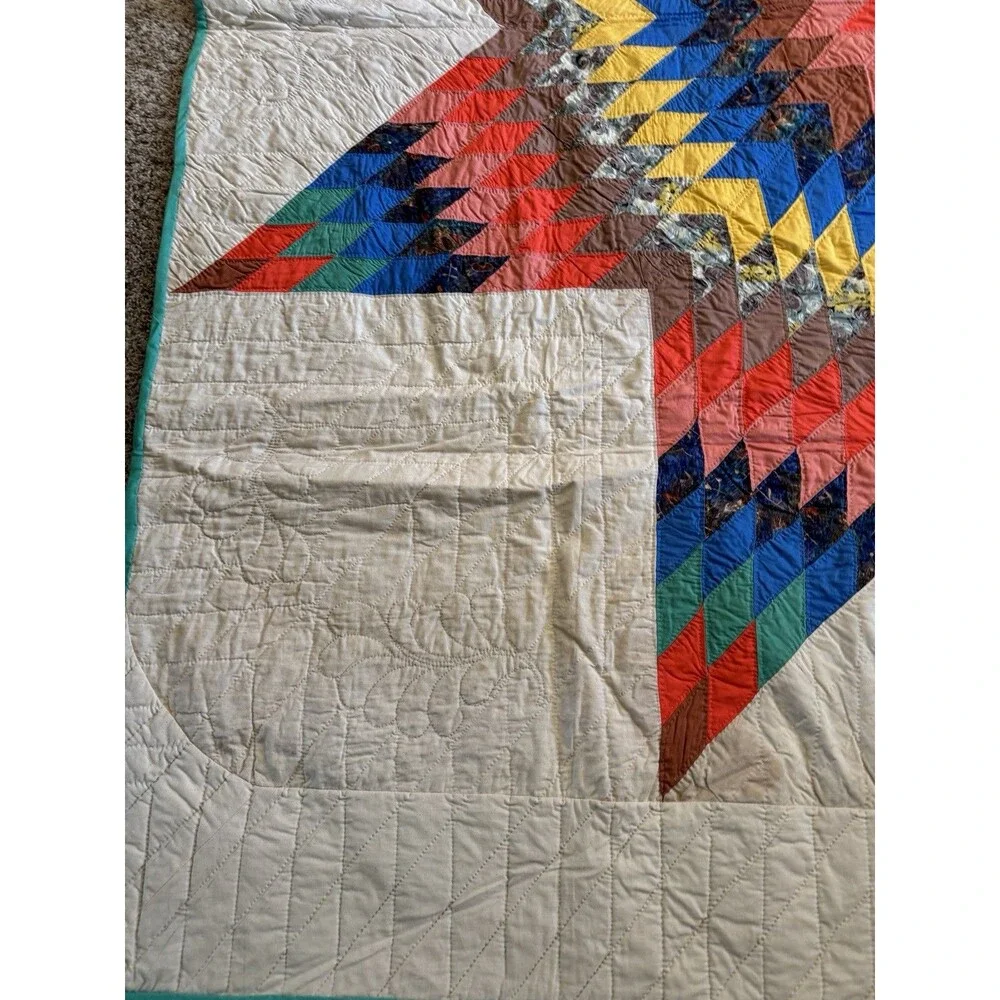 Vintage Handmade Lone Star Scrap Quilt Large Center Medallion Teal Border